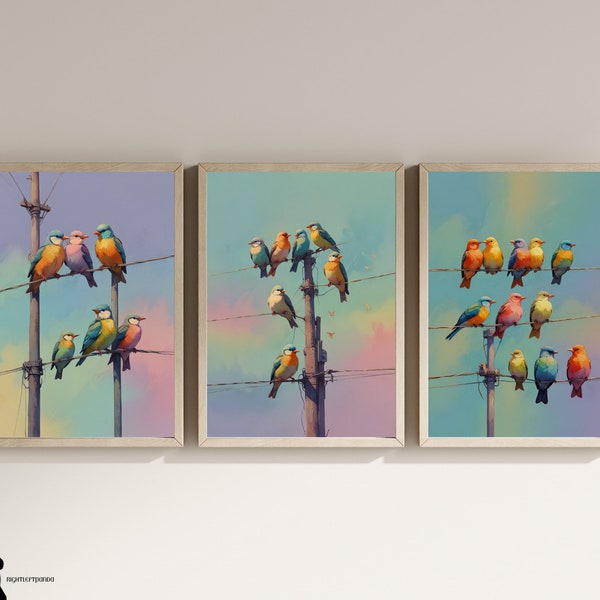 Pastel birds on a line wall art cute colorful home decor 3 panel artwork illustration