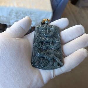 Hand-Carved Natural  Blue Jadeite Jade Chinese Dragon Pendant Amulet necklace