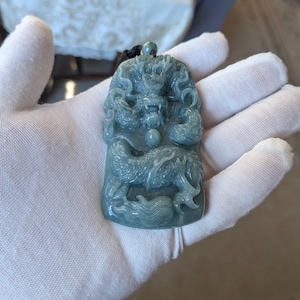 Hand-Carved Natural  Blue Jadeite Jade Chinese Dragon Pendant Amulet necklace