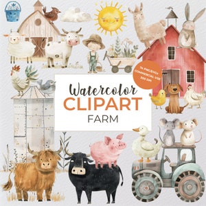 Bundle di clipart acquerello con animali della fattoria, clipart album, clipart per nursery, simpatici animali della fattoria, decorazione per festa prenatale, set di cuccioli di animale