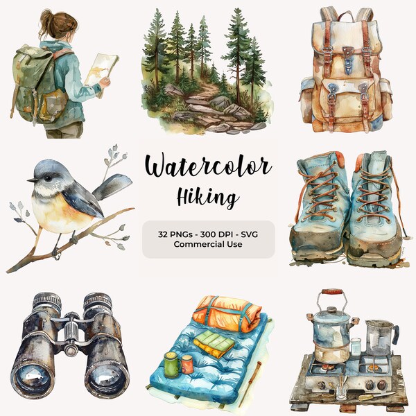Watercolor Hiking Clipart Bundle, Cute Hiking Clip Art, Hiking PNG, SVG