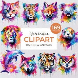 Aquarell Regenbogen Tiere Clipart-Bundle, süße Regenbogen Tiere Clip Art, Regenbogen gemalte Tiere Clipart, SVG, kommerzielle Nutzung Tier PNG
