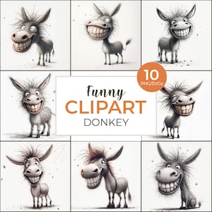 Funny Donkeys JPG Clipart Bundle, 10 High Quality 300DPI Images, Commercial Use, Digital Download, Junk Journal, Paper Craft, Quirky Donkey