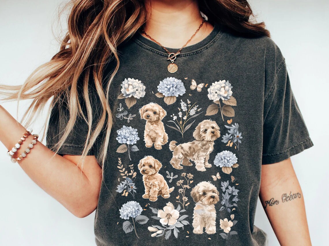 Camisa de perro Cockapoo Cottagecore, Camisa de acuarela vintage floral, Regalo de persona de perro de flores silvestres