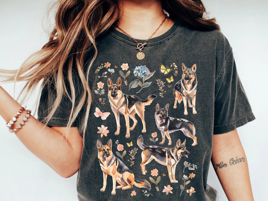 Camisa de perro pastor alemán Cottagecore, camisa de acuarela