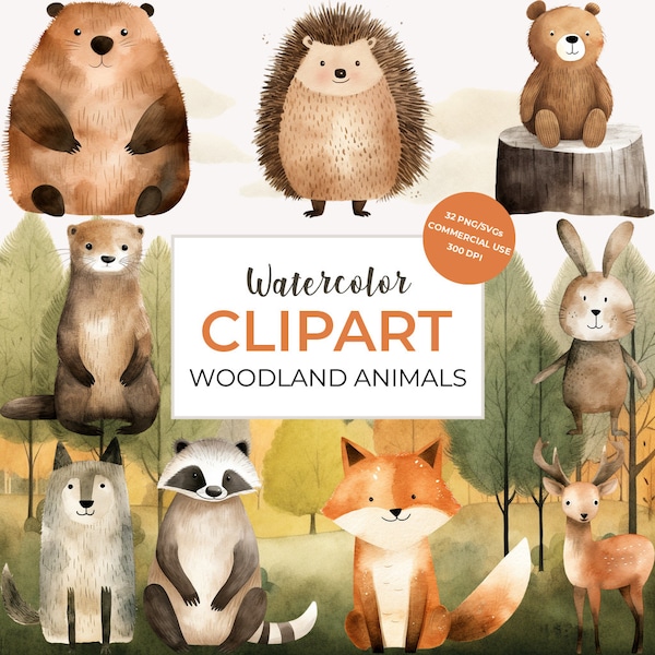 Watercolor Woodland Animals Clipart Bundle, Cute Woodland Animals Clip Art, Woodland Animals PNG, SVG