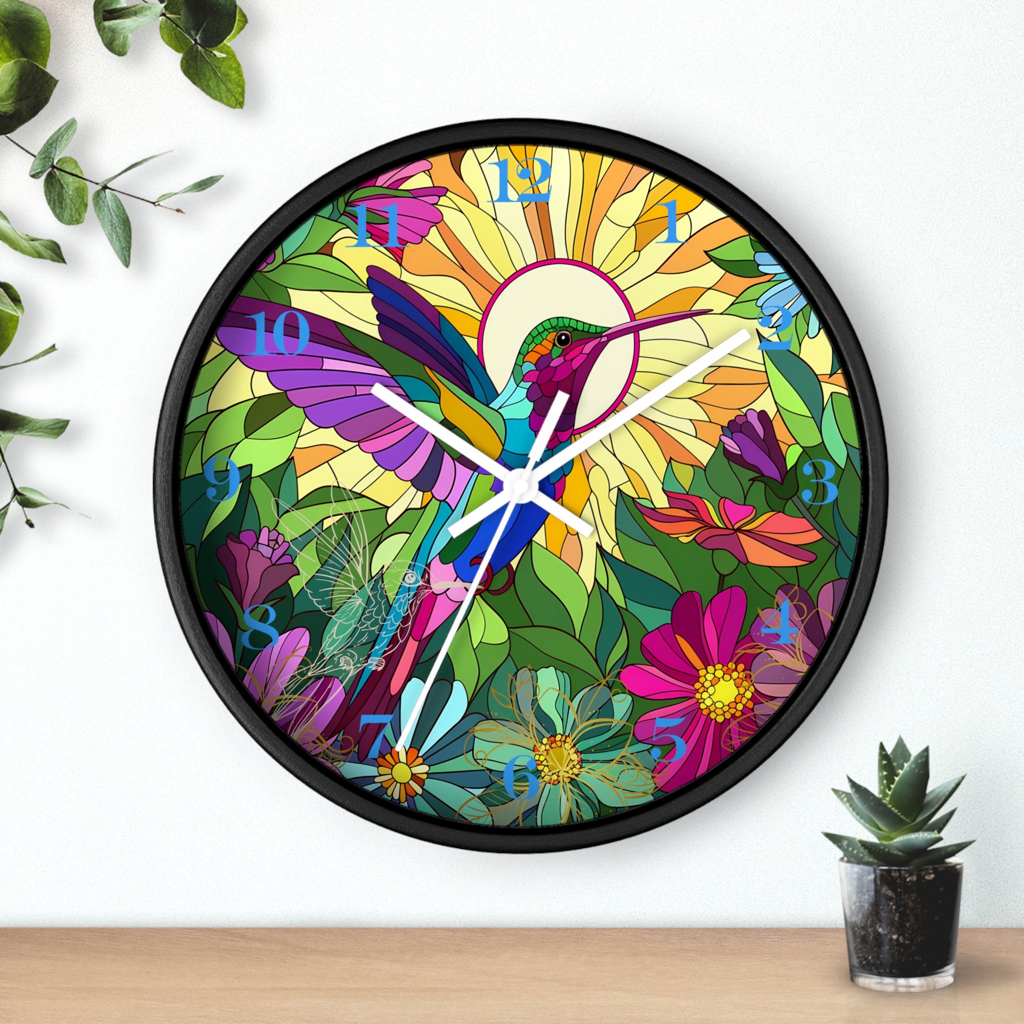 Hummingbird Faux Stained Glass Wall Clock, Premium Wall Clock, Battery ...