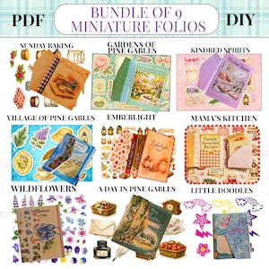 Pode incluir: Um pacote PDF digital de 9 fólios em miniatura com temas de artesanato DIY, incluindo Sunday Baking, Gardens of Pine Gables, Kindred Spirits, Village of Pine Gables, Emberlight, Mama's Kitchen, Wildflowers, A Day in Pine Gables e Little Doodles.