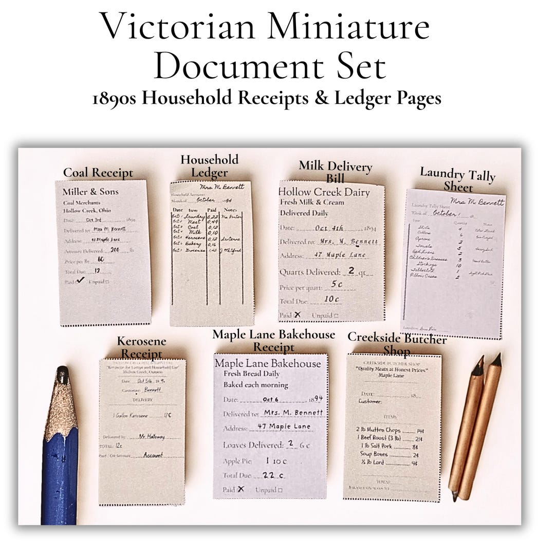 Miniature Victorian Documents 1890s Receipt Set, Printable Dollhouse ...