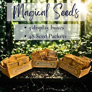 May include: Three rectangular cardboard display boxes containing 48 seed packets with vintage-style labels. The text reads Magical Seeds, 3 display boxes, 48 Seed Packets, Pixie Grove Seed Co, Enchanted Seeds, and Fairy Botanics with various plant names.