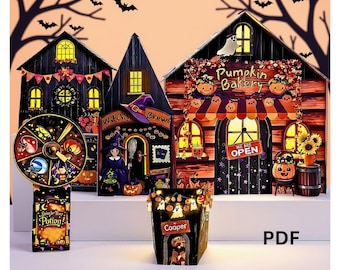 Pode incluir: Um conjunto de aldeia de Halloween reversível de 5 peças com estruturas de cartão impresso, incluindo uma padaria de abóboras, uma loja de poções, uma roda e uma casota de cão com o nome Cooper, com gráficos festivos de fantasmas e morcegos.