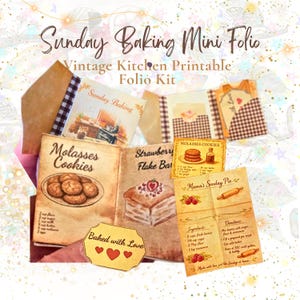 Könnte beinhalten: Ein Sunday Baking Mini Folio Vintage-Küchen-Druckset mit Papierseiten, die Illustrationen von Melasse-Keksen, Erdbeer-Flocken-Riegeln und Mama's Sunday Pie Rezepten zeigen, inklusive eines Baked with Love-Anhängers mit drei roten Herzen.