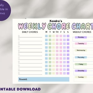 Tabela de tarefas semanais para impressão | Rastreador de tarefas para crianças | Lista de verificação de tarefas editável | Tamanho A4 e Carta | Download digital para iPad e telefone.