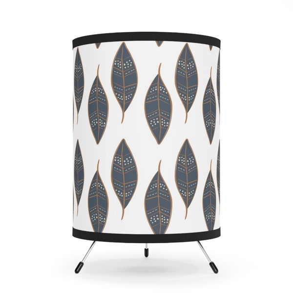 Tripod Lamp with High-Res Bohemian Abstract Mid Century Geometric Floral Leaf Printed Shade.