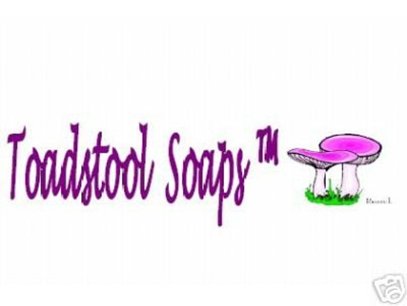 May include: Purple text reads "Toadstool Soapy" with a trademark symbol. The text is followed by a cartoon image of two pink mushrooms with white stems.