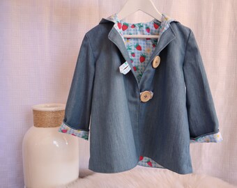 Denim Toddler Kids Jacket | Handmade, Cotton - Strawberry, Daisy Lining