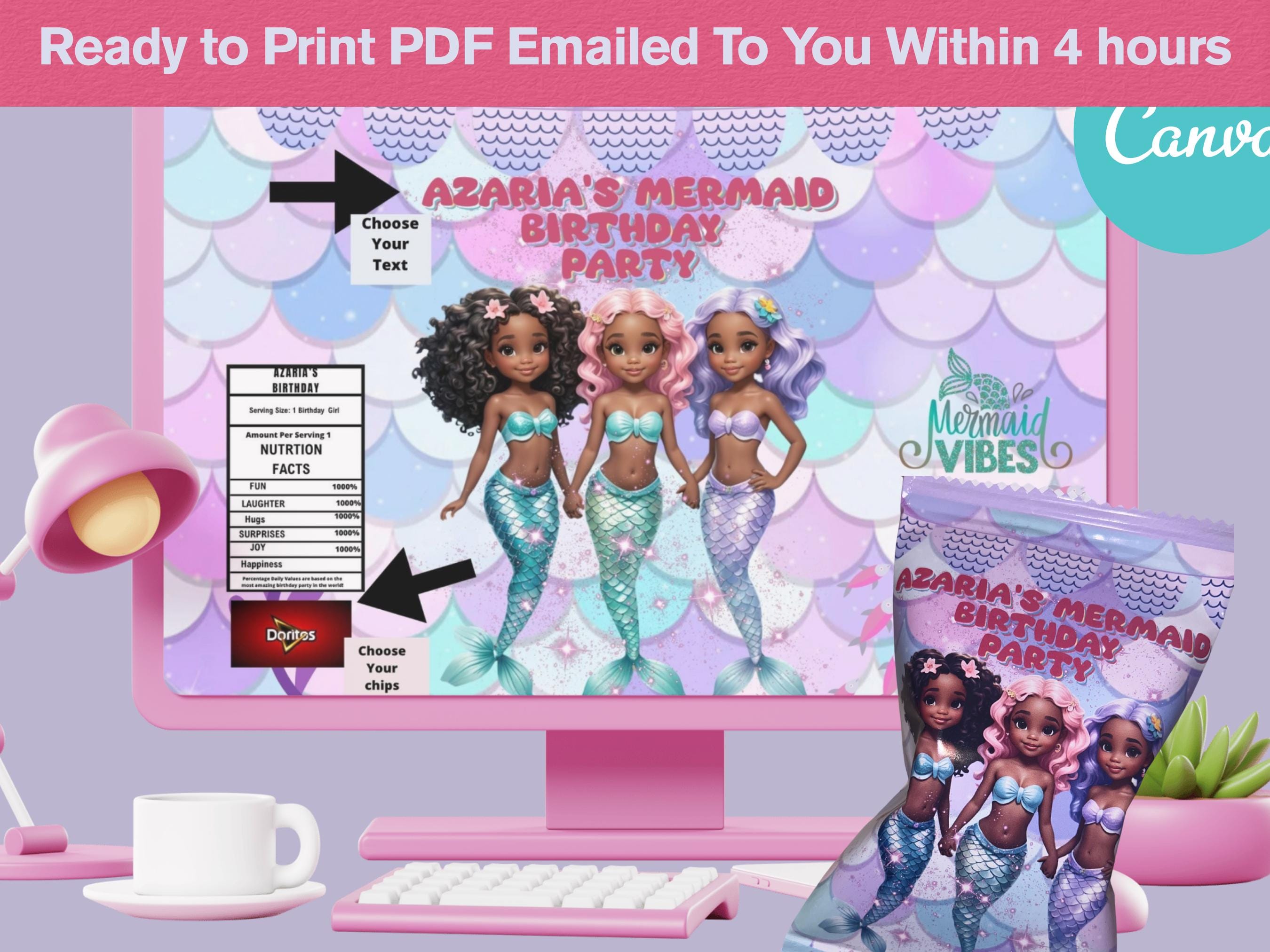 EDITABLE African Mermaid Party Chip Bag Template, Under The Sea Birthday Party Bag, Black Mermaid Birthday Printable,  Birthday Chip Bags
