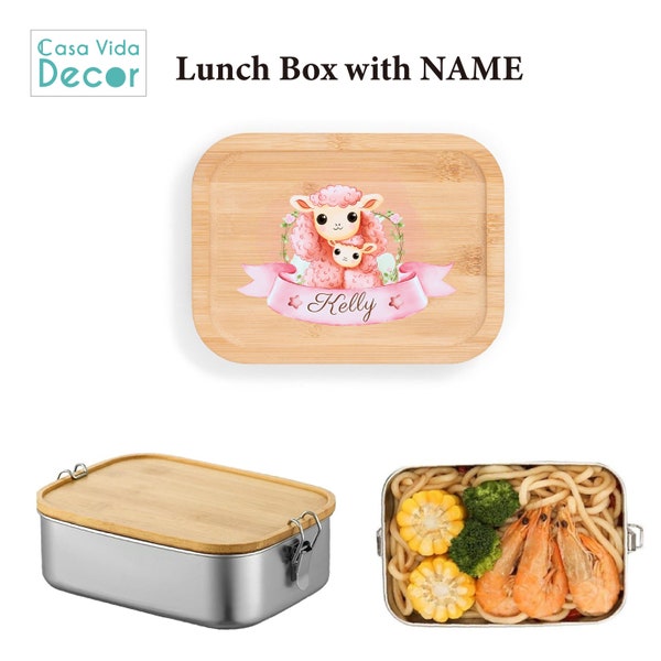 Lunch Box with Name, Stainless Steel Lunch Box with Bamboo Lid,  Kindergarten, Jungle Animal, school gift, Birthday Gifts with divider