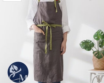 Washed Linen Apron with Deep Pockets - Lightweight and Soft, Apron for Cooking, Gardening, Kitchen, ,Mom and chef Gift, Custom make logo