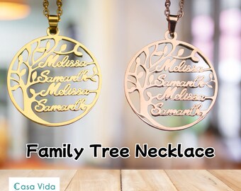 Collier arbre de vie généalogique gravé, collier personnalisé, collier avec plusieurs noms, cadeau pour la famille, cadeau d'anniversaire, cadeau pour maman