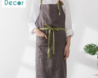 Washed Linen Apron with Deep Pockets - Lightweight and Soft, Apron for Cooking, Gardening, Kitchen, ,Mom and chef Gift, Custom make PU logo