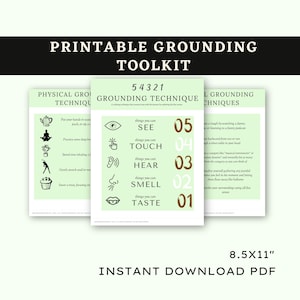 Op de afbeelding: Afdrukbare grounding toolkit met een lichtgroene achtergrond. De toolkit bevat een 5-4-3-2-1 grounding techniek grafiek en fysieke grounding technieken. De tekst "8.5x11" DIRECT DOWNLOAD PDF" staat onderaan.
