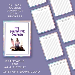 45 day guided journal, build a consistent journaling habit, daily reflection prompts, printable self care journal PDF