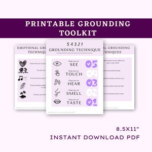 Könnte beinhalten: Druckbares Erdungstoolkit mit drei Seiten. Die Hauptseite zeigt die "54321 Erdungstechnik" mit Symbolen für die Sinne: sehen, berühren, hören, riechen und schmecken. Der Text "8.5X11" SOFORT-DOWNLOAD PDF" befindet sich unten.