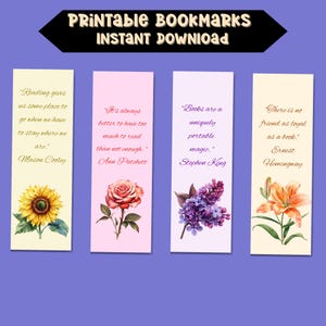 Printable bookmarks set of 4, author quote bookmarks, famous literary quotes, digital download, book lover gift