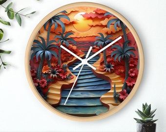 California River und Ocean Wanduhr | Palmen Uhr | Lebendiges Design | Strand-Thema | Küsten Dekor