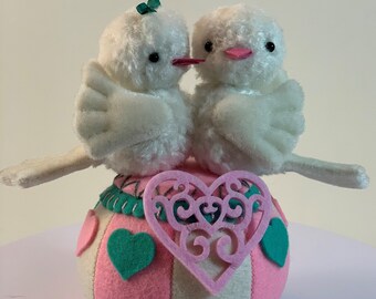 OOAK Love Birds Valentines Pincushion - Cake Topper - Soft Sculpture - Poseable Doves