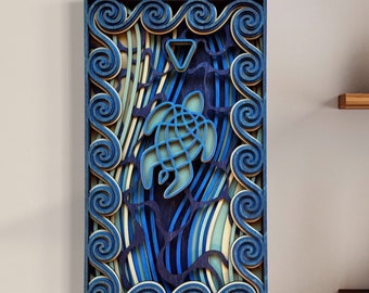 Intricate turtle wood layered artwork handmade striking original elemental spiritual beach wall art calming inspiring self-care ocean