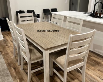 Whitewashed Cottage Dining Room Table Set with Six Upholstered Chairs