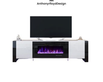 White U-shaped legs TV console cabinet for TVs, contemporary high gloss entertainment center lights, and fireplace TV stand