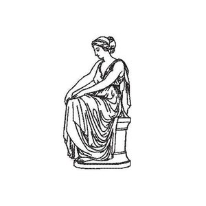 以下が含まれることがあります： 台座に座っている女性の白黒の線画。彼女は長いゆったりとしたローブを着ており、髪は後ろでまとめられています。