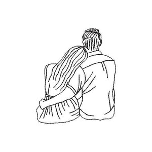 May include: A line drawing of a couple embracing from behind, with the woman's hair flowing down her back.