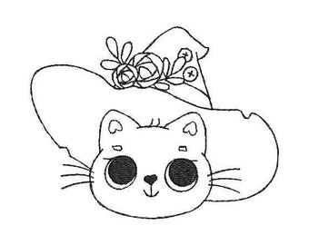 Häxkattbroderidesign | Maskinbroderifil | Halloweendesignfil | Häxbroderi | Svart kattbroderi | DIREKT NEDLADDNING