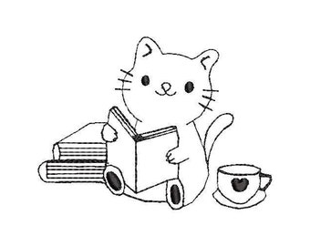 Bordado de gato / Archivo de bordado de máquina / Bordado de animales lindos / Diseño de bordado de lectura de gato / Archivo de diseño de biblioteca / DESCARGA INSTANTÁNEA