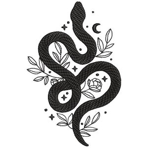 Può includere: Illustrazione in bianco e nero di una linea d'arte di un serpente avvolto attorno a un fiore con foglie e stelle. Il serpente è stilizzato e ha una luna crescente sopra di esso.