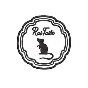 May include: Embroidered patch with a black and white design. The patch features a stylized rat silhouette inside a decorative frame. The text "Rat Tails" is arched above the rat.