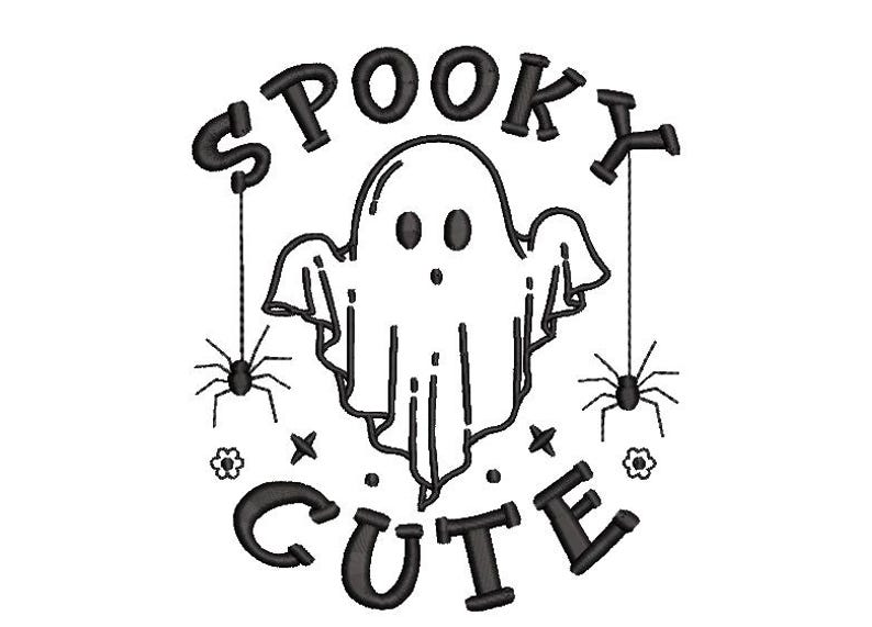 May include: Black and white embroidery design featuring a ghost with the text "Spooky Cute" and two spiders hanging from the text.