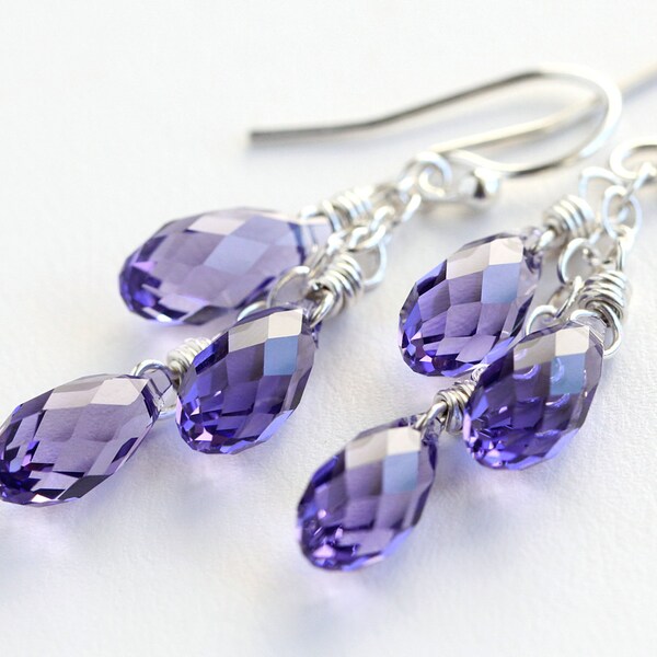 Lavender Purple Trio Earrings with Swarovski Teardrop Crystals and Sterling Silver