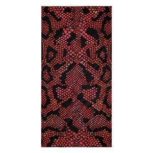 May include: A rectangular textile with a repeating pattern resembling snakeskin. The design features a combination of red, black, and yellow hues. The overall aesthetic is bold and eye-catching, suitable for home decor or fashion.