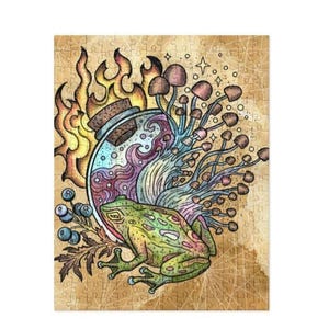 May include: A colorful illustration of a frog sitting on a jar with a swirling liquid inside. The jar is surrounded by mushrooms and flames. The background is a vintage-style parchment paper.