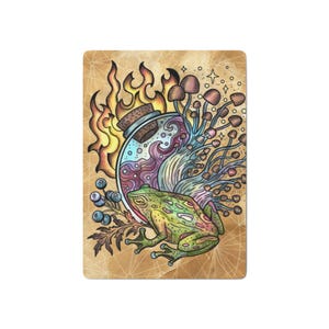 May include: A colorful illustration featuring a green frog, a glass bottle with a cork, and mushrooms. The bottle contains a swirling purple and blue liquid. Flames and berries surround the bottle, set against a tan background.