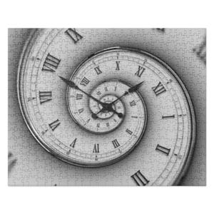 May include: A black and white jigsaw puzzle featuring a clock face with Roman numerals. The clock face is spiraling inward, creating a sense of time passing.