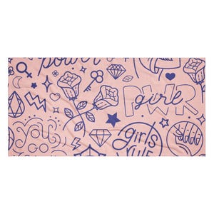May include: A pink beach towel with a repeating pattern of blue roses, diamonds, stars, and the words "POWER", "girl", and "Girls Rule". The towel also features other graphic elements.