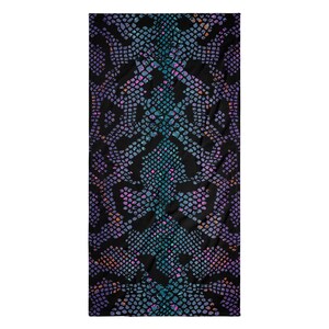 May include: A rectangular beach towel with a snake skin pattern. The design features a black background with a teal, purple, and pink scale pattern. The towel is made of a soft, absorbent material.