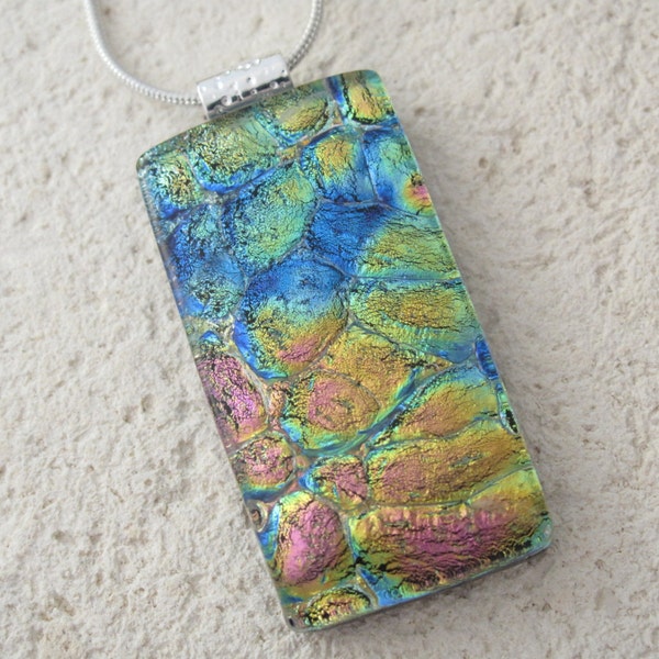 Dichroic Jewelry - Rainbow Aqua Gold  Necklace - Fused Dichroic Glass Jewelry - Blue Green - Dichroic Pendant - Necklace 070614p101