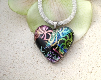 Petite OOAK Handmade Heart Necklace, Pink Rainbow Heart Necklace, Dichroic Necklace, Dichroic Fused Glass Necklace, ccvalenzo, 012023p101